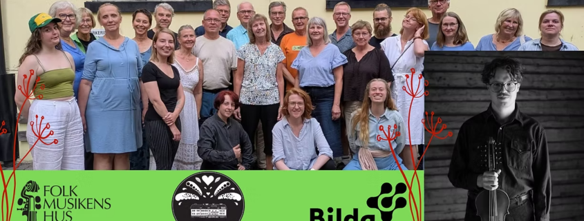 Bilete av koret Blåne, ein felespelar og logo for kursgården og Folkmusikens hus.
