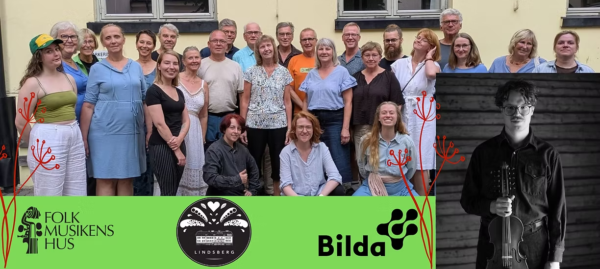 Bilete av koret Blåne, ein felespelar og logo for kursgården og Folkmusikens hus.
