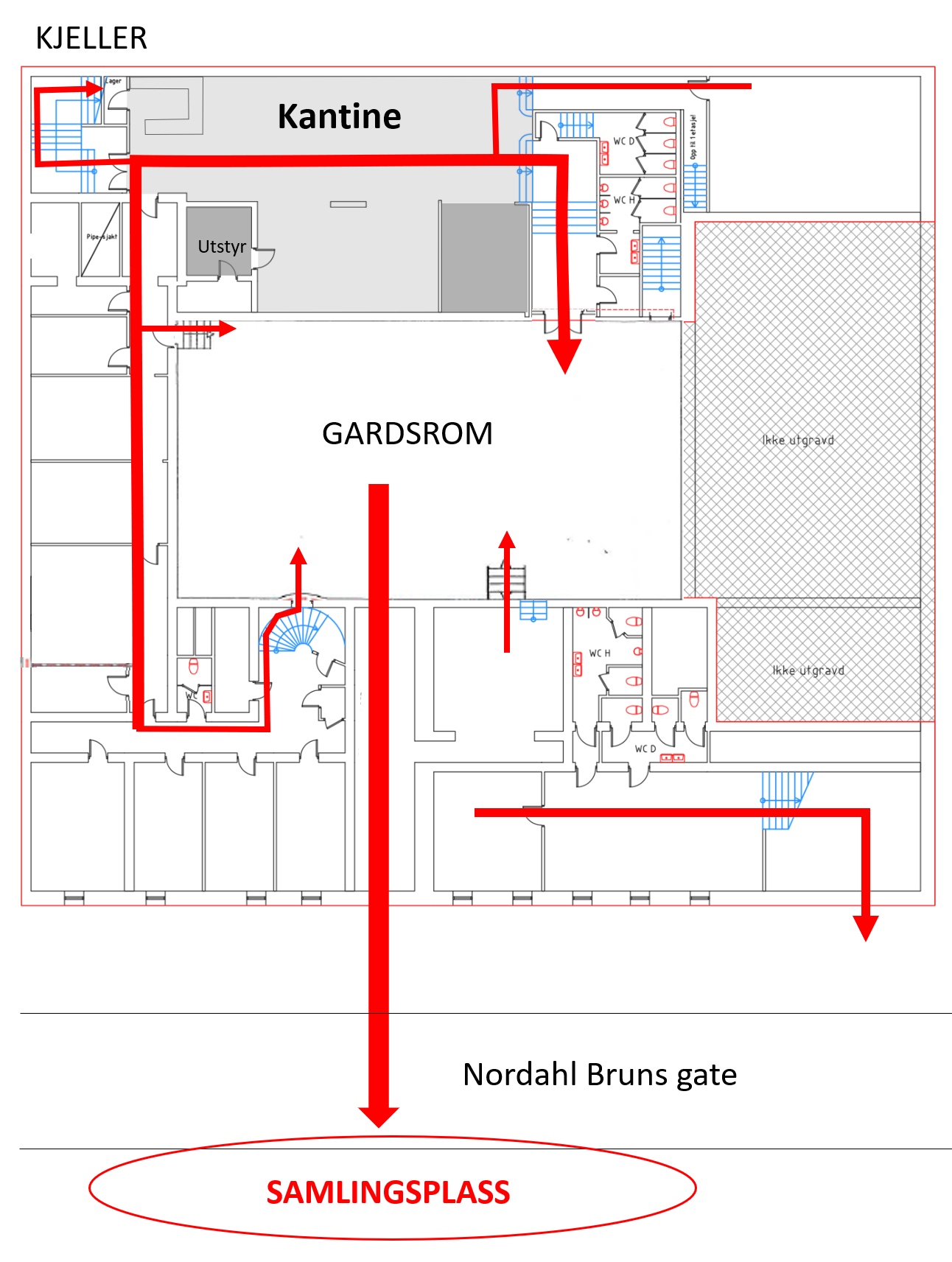 Rømningsplan frå kantine og kjellerrom